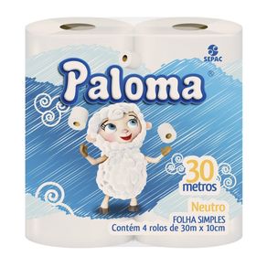 Papel Higiênico Folha Simples Neutro Paloma 30m Pacote 4 Unidades