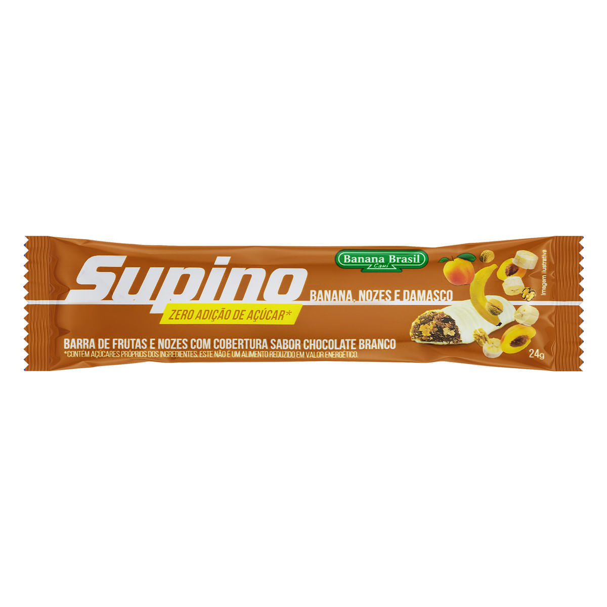 Barra de Frutas Banana, Nozes e Damasco Cobertura Chocolate Branco sem Adição de Açúcar Supino Pacote 24g