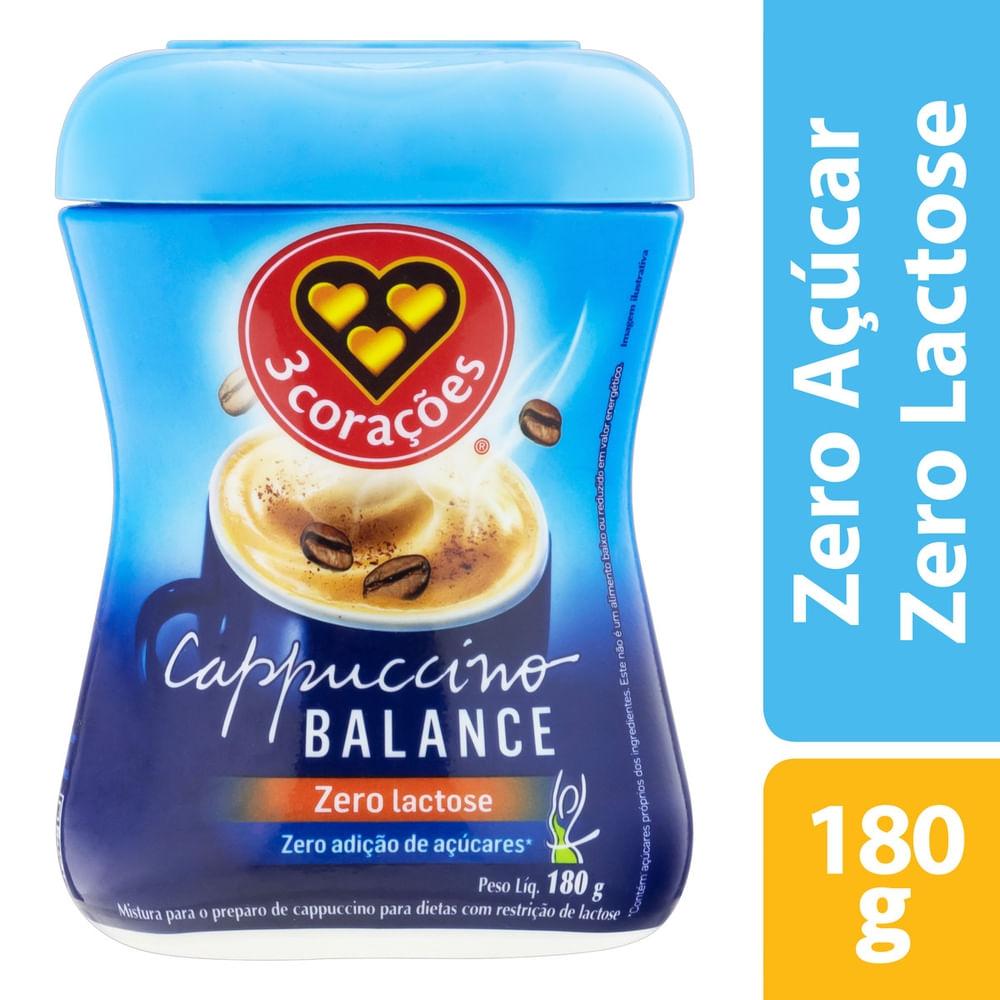 Cappuccino Solúvel 3 Corações Balance Zero Lactose Pote 180g