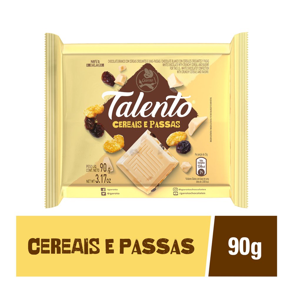 Chocolate Garoto Talento Branco Cereais e Passas 90g comper