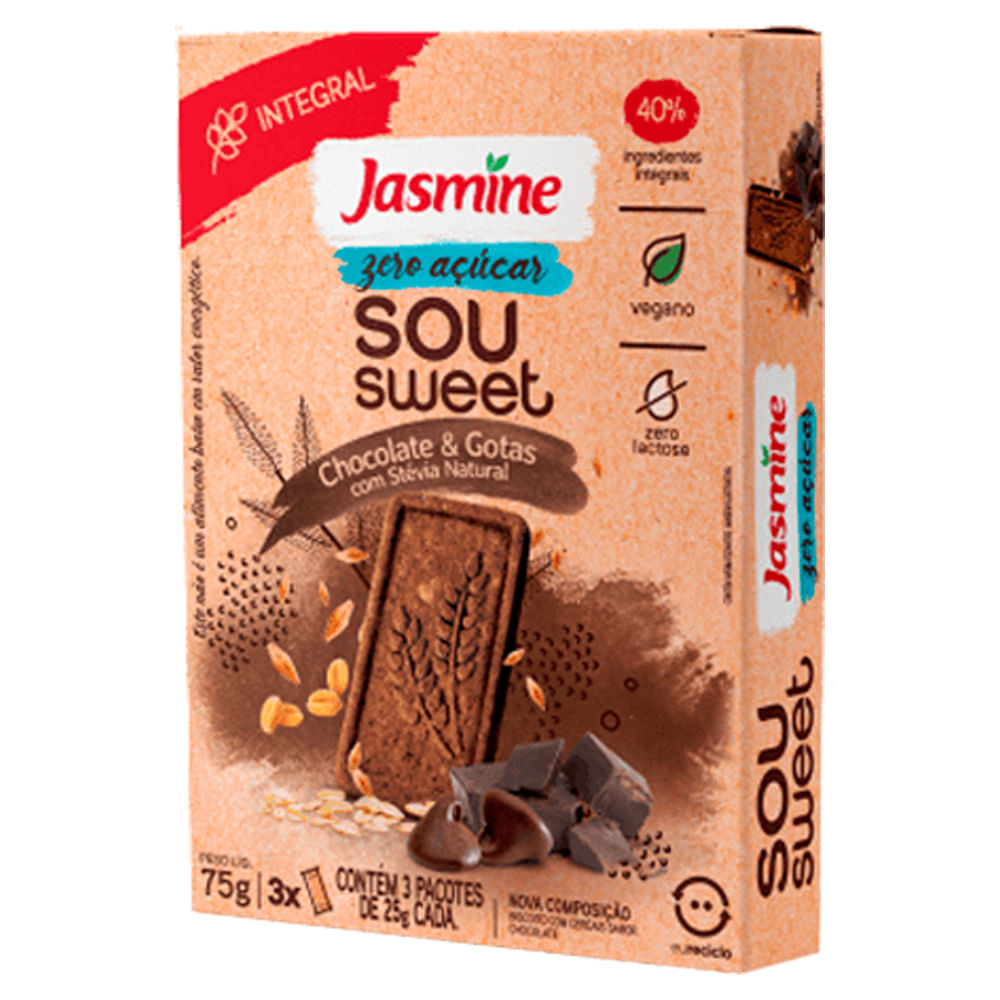 Biscoito Integral Jasmine Zero Açúcar Sou Sweet Chocolate e Gotas 90g