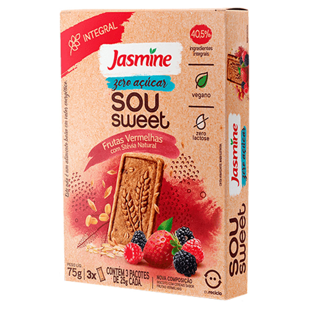 Biscoito Integral Jasmine Zero Açúcar Sou Sweet Frutas Vermelhas 90g