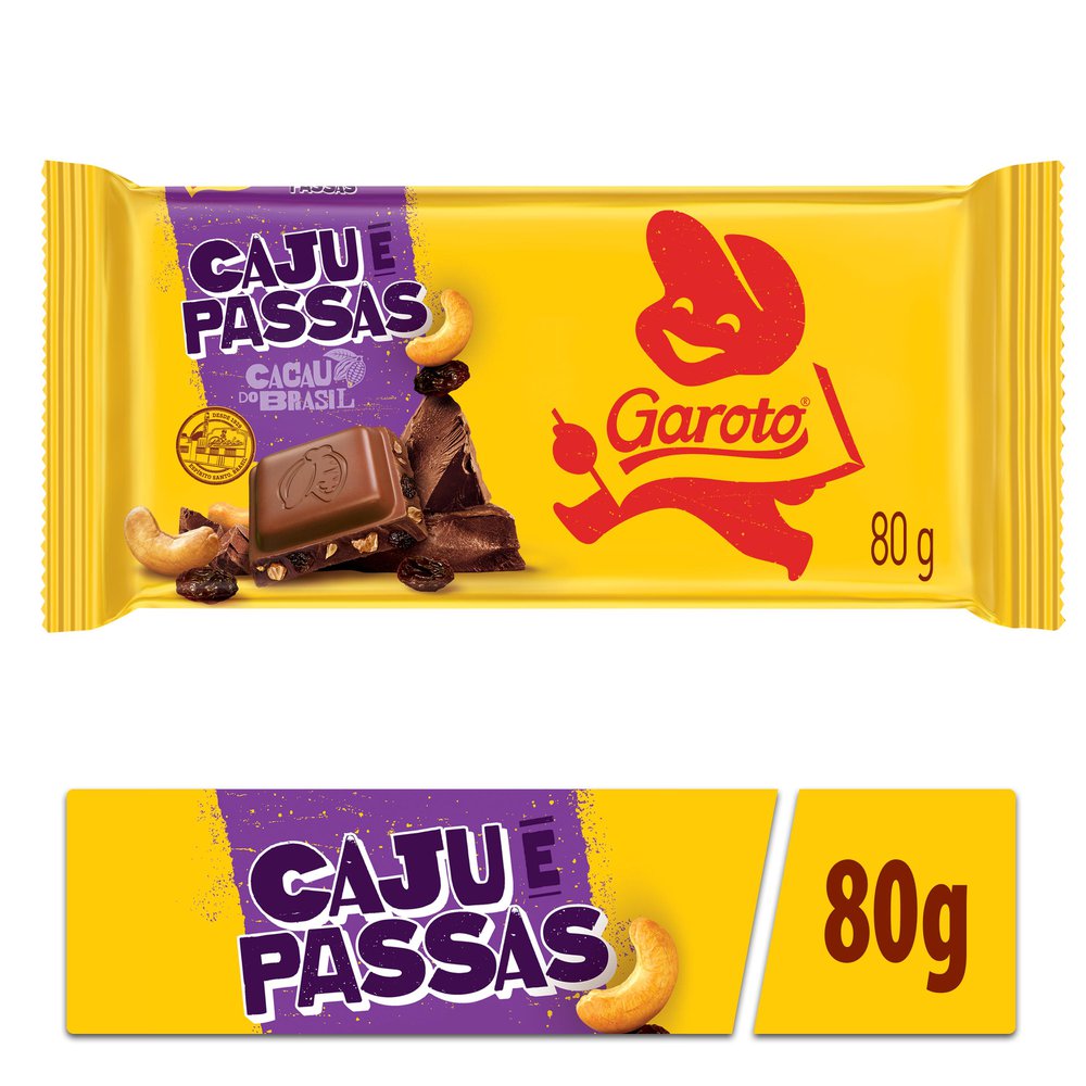 Chocolate em Barra Garoto ao Leite com Caju e Passas 80g