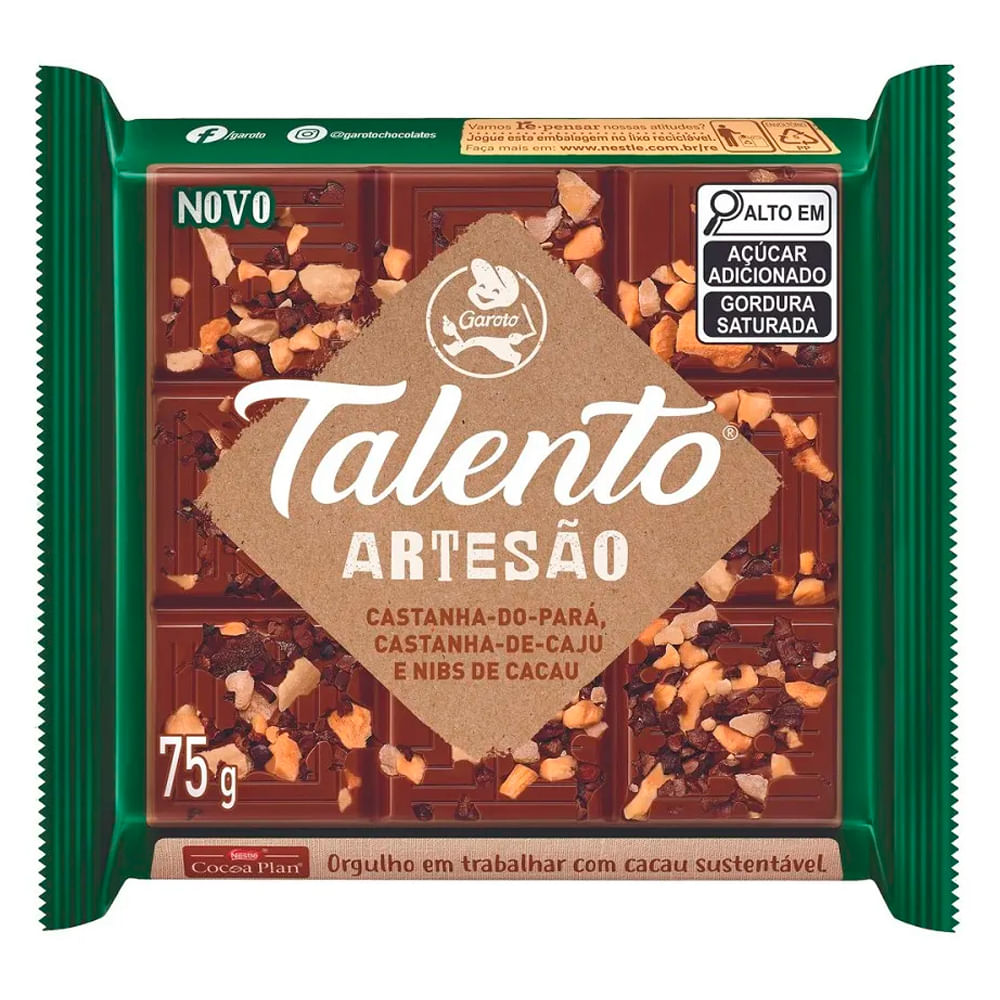 Chocolate Talento Artesão ao Leite com Castanha do Pará, Castanha de Caju e Nibs de Cacau 75g