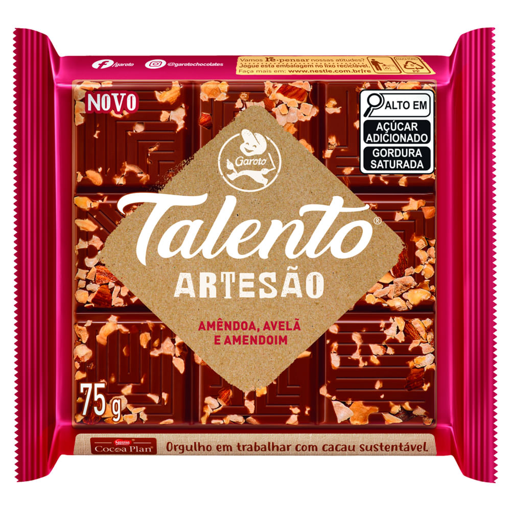 Chocolate Talento Artesão ao Leite com Amêndoa, Avelã e Amendoim 75g
