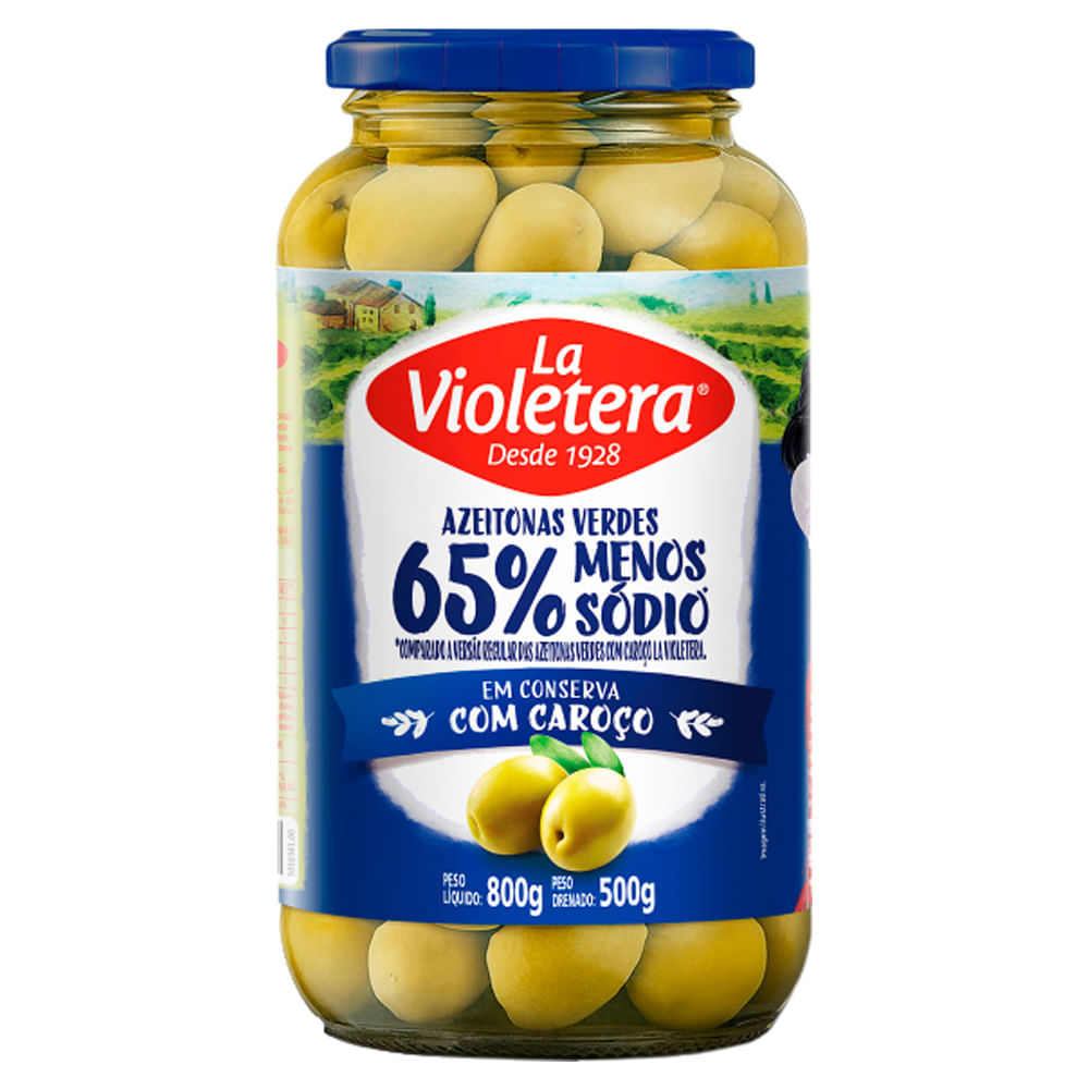 Azeitona Verde La Violetera com Caroço 65% Menos Sódio Vidro 500g