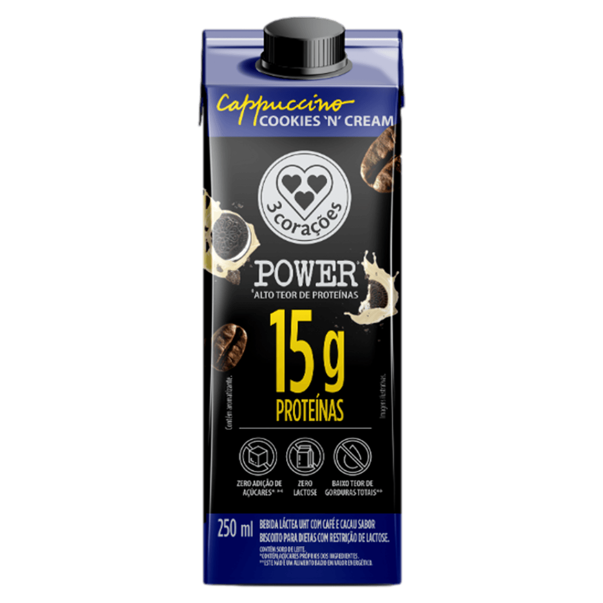 Bebida Láctea 3 Corações Power Whey Cappuccino com CookiesN Cream 250ml